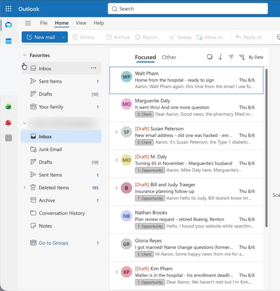 An Outlook inbox with customer details blurred and SureBook category tags visible on incoming emails.